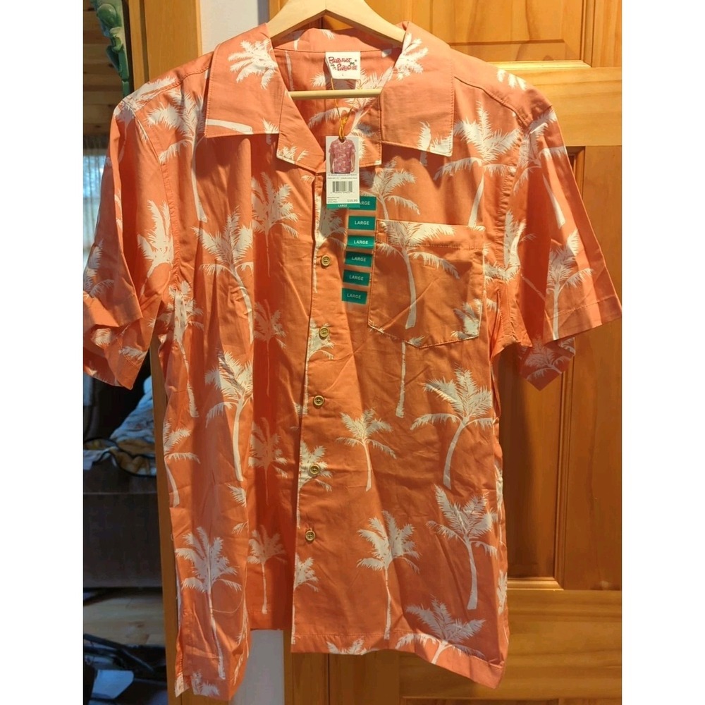 Barefoot in Paradise Men's Coral Palm Hawaiian Button‎ Down Shirt Size Large